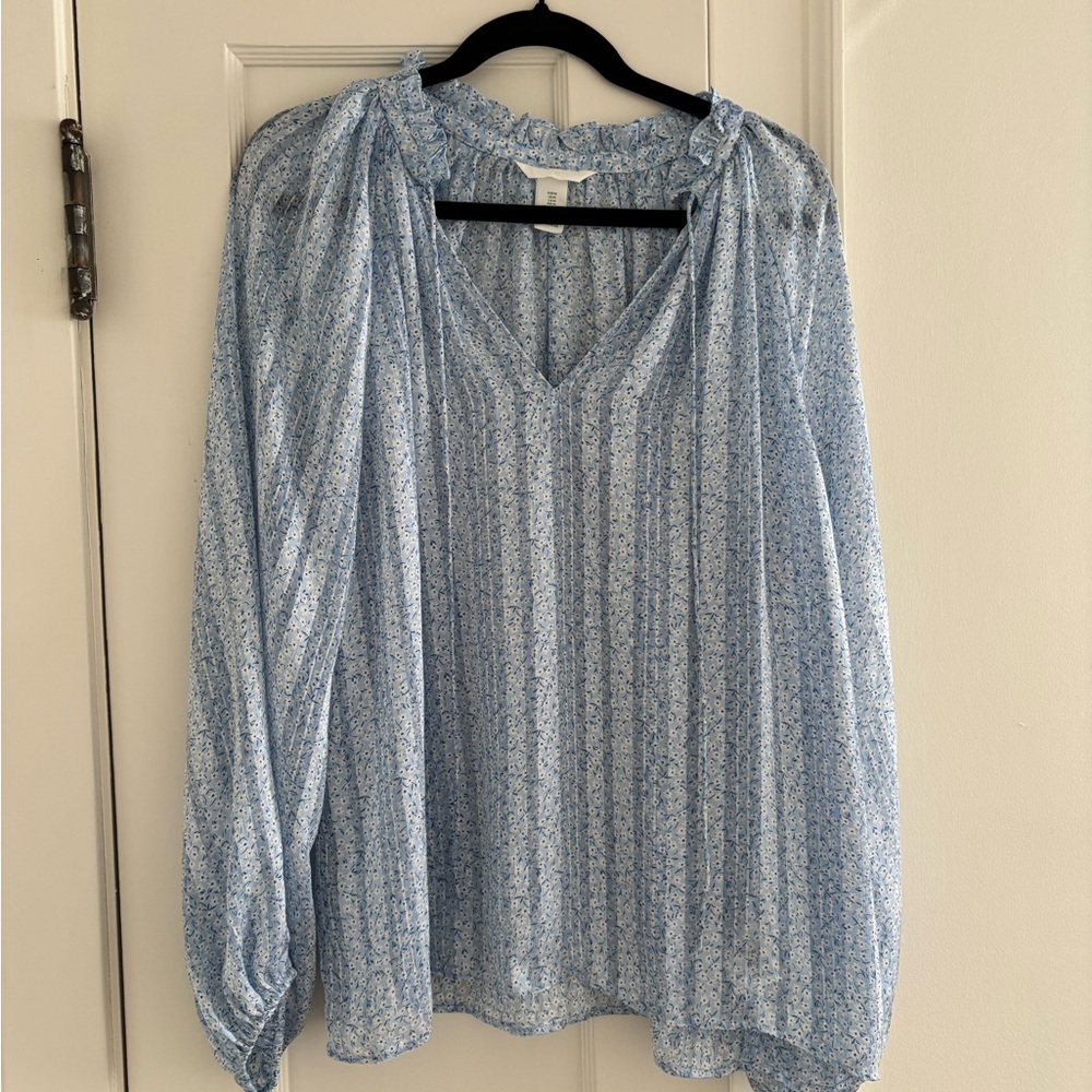 Light Blue Floral V-Neck Long Sleeve Women's Top